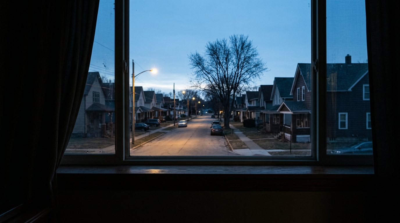 A pre-dawn view through a bedroom window onto a quiet suburban street.