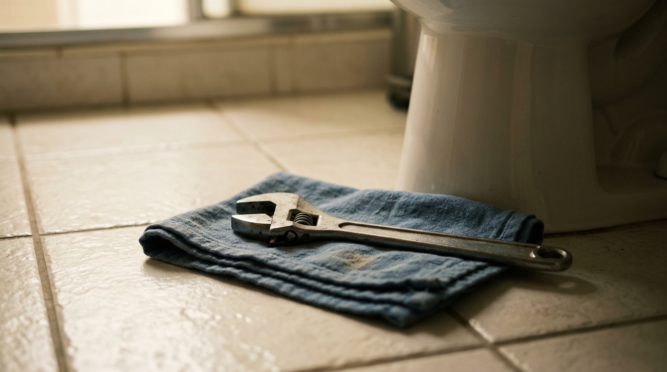 A wrench resting on a folded blue towel on a tiled bathroom floor next to the base of a toilet.
