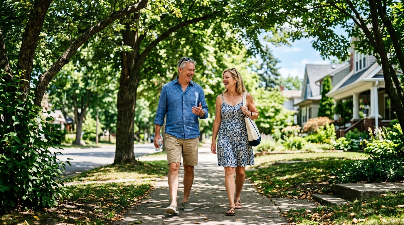 A smiling couple walking together on a sunny suburban sidewalk lined with trees and houses.