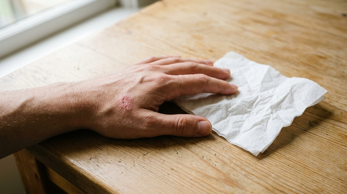 A hand with a fresh graze on the back, resting on a wooden table next to a crumpled paper napkin.