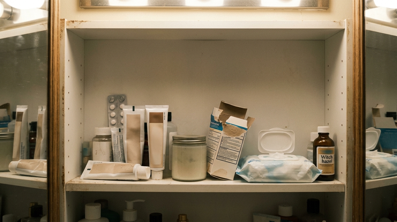 A bathroom cabinet shelf with tubes of hemorrhoid cream, a jar of petroleum jelly, a blister pack of pills, a pack of flushable wipes, and a bottle of witch hazel.