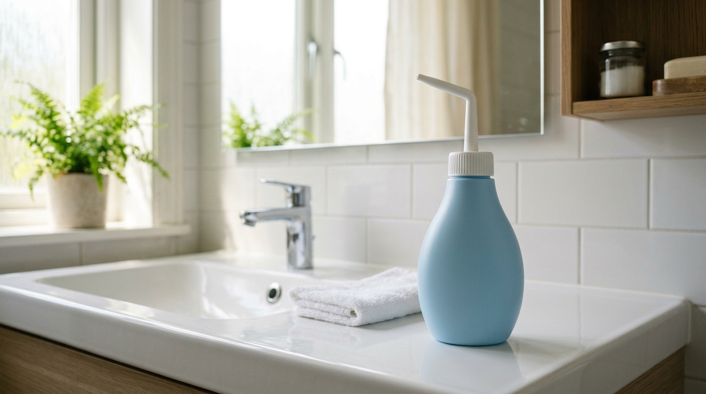 A light blue handheld squeeze bidet bottle on a white bathroom sink next to a folded towel.